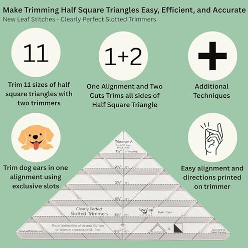 New Leaf Stitches Slotted Trimmer - Acrylic Template Ruler for Accurate Cutting and Trimming - Designed for Half-Square Triangles, Strip Piecing, Block Construction - Ideal Stencil & Tool for Quilters