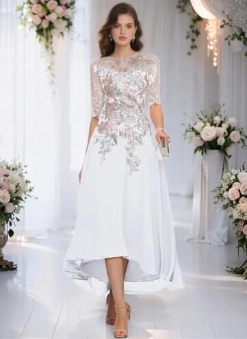 GARDOM Evenings Mother of The Bride Dresses Embroidery Chiffon Midi Mother of The Bride for Wedding Tea Length Mother of The Groom Lace Appliques Half Sleeves Formal Dress in Royal Blue US10