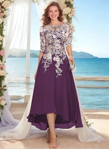 GARDOM Evenings Mother of The Bride Dresses Embroidery Chiffon Midi Mother of The Bride for Wedding Tea Length Mother of The Groom Lace Appliques Half Sleeves Formal Dress in Royal Blue US10