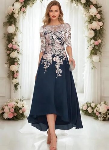 GARDOM Evenings Mother of The Bride Dresses Embroidery Chiffon Midi Mother of The Bride for Wedding Tea Length Mother of The Groom Lace Appliques Half Sleeves Formal Dress in Royal Blue US10