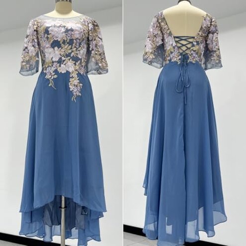 GARDOM Evenings Mother of The Bride Dresses Embroidery Chiffon Midi Mother of The Bride for Wedding Tea Length Mother of The Groom Lace Appliques Half Sleeves Formal Dress in Royal Blue US10