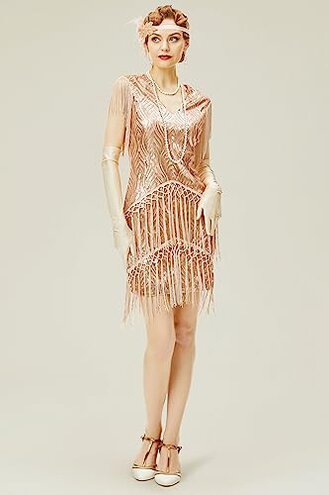BABEYOND 1920s Flapper Dress Long Fringed Gatsby Dress Roaring 20s Sequins Beaded Dress Vintage Art Deco Dress