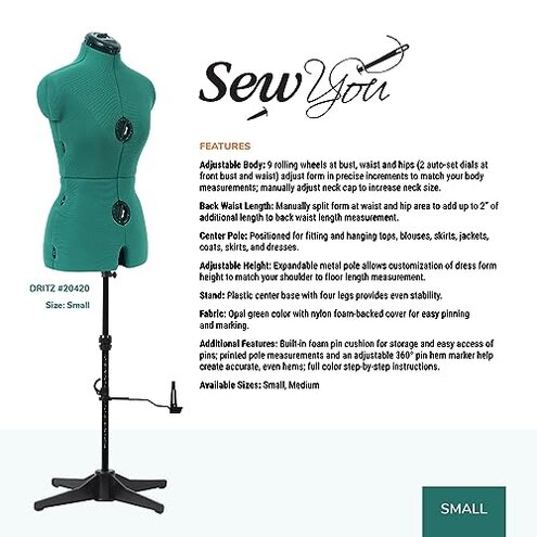 Dritz Sew You Adjustable Dress Form S/M, Sizes US 4&ndash;12, Female Sewing Mannequin with Pinnable Body Torso, 12 Dials for Accurate Fitting & 360 Hem Guide