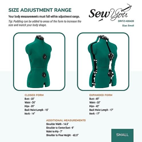 Dritz Sew You Adjustable Dress Form S/M, Sizes US 4&ndash;12, Female Sewing Mannequin with Pinnable Body Torso, 12 Dials for Accurate Fitting & 360 Hem Guide