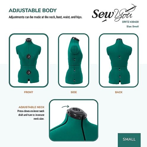 Dritz Sew You Adjustable Dress Form S/M, Sizes US 4&ndash;12, Female Sewing Mannequin with Pinnable Body Torso, 12 Dials for Accurate Fitting & 360 Hem Guide