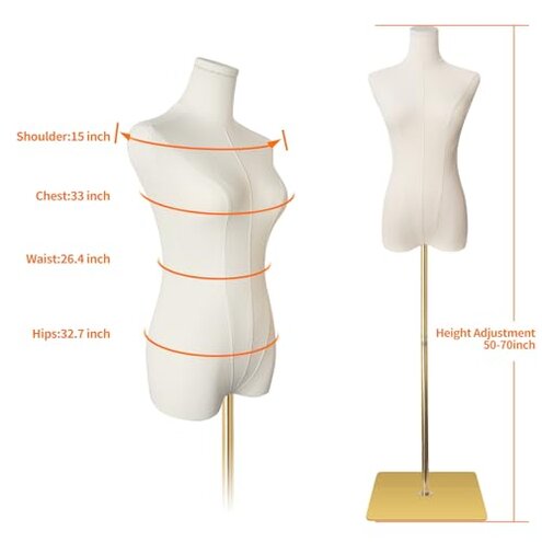 SHAREWIN Female Mannequin Torso Women Dress Forms for Sewing Manicanequin Body High Stability Gold Metal Stand for Clothing Dress Jewelry Display Adjustable Height 50&rdquo;-70&rdquo; Thin Body