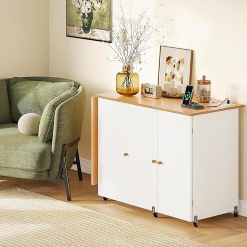 DWVO Folding Sewing Table w/Charging Station, Sewing Table with Storage, Multi-Craft Desk with Lockable Casters, Magnetic Doors, Hidden Storage