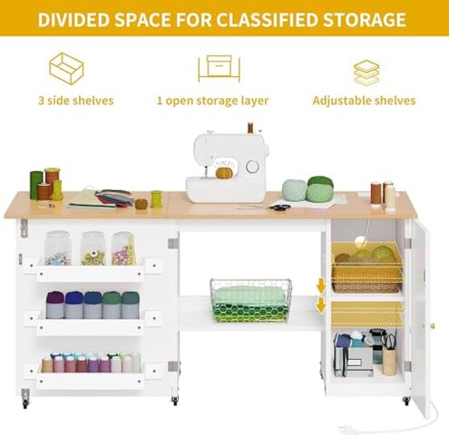 DWVO Folding Sewing Table w/Charging Station, Sewing Table with Storage, Multi-Craft Desk with Lockable Casters, Magnetic Doors, Hidden Storage