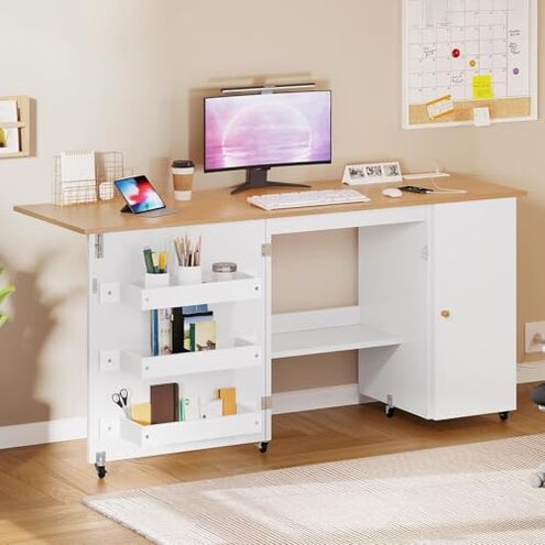 DWVO Folding Sewing Table w/Charging Station, Sewing Table with Storage, Multi-Craft Desk with Lockable Casters, Magnetic Doors, Hidden Storage