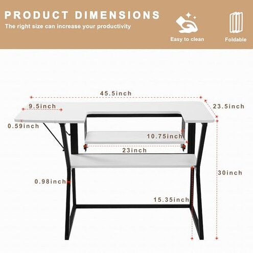 Vividwood Sewing Table, Large Sewing Machine Table with Adjustable Platform and Storage Shelf - White