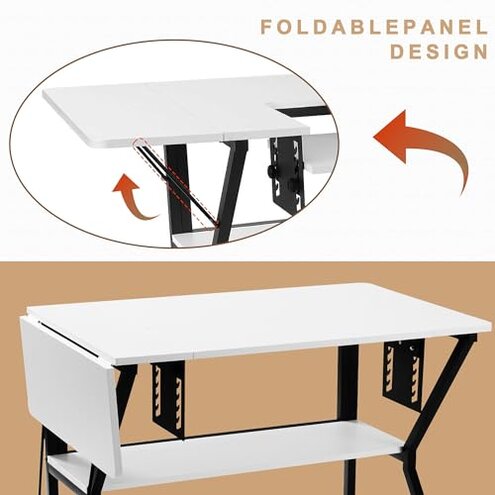 Vividwood Sewing Table, Large Sewing Machine Table with Adjustable Platform and Storage Shelf - White