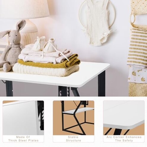 Vividwood Sewing Table, Large Sewing Machine Table with Adjustable Platform and Storage Shelf - White