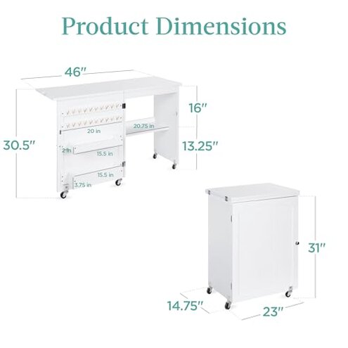 Best Choice Products Folding Sewing Table Multipurpose Craft Station & Side Desk with Compact Design, Wheels, Shelves, Storage Trays, Pegs, Magnetic Doors, Metal Doorknobs - White