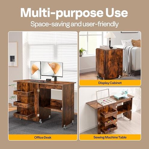 VIVOHOME Folding Sewing Craft Table, Rolling Sewing Machine Desk with Storage Shelves, Sewing Cabinet with Lift for Small Spaces, Rustic Brown
