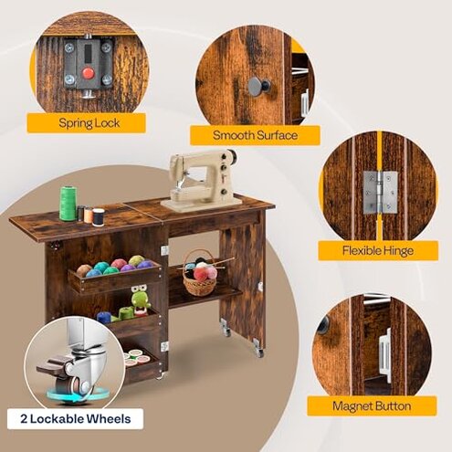 VIVOHOME Folding Sewing Craft Table, Rolling Sewing Machine Desk with Storage Shelves, Sewing Cabinet with Lift for Small Spaces, Rustic Brown