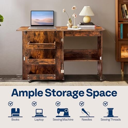 VIVOHOME Folding Sewing Craft Table, Rolling Sewing Machine Desk with Storage Shelves, Sewing Cabinet with Lift for Small Spaces, Rustic Brown