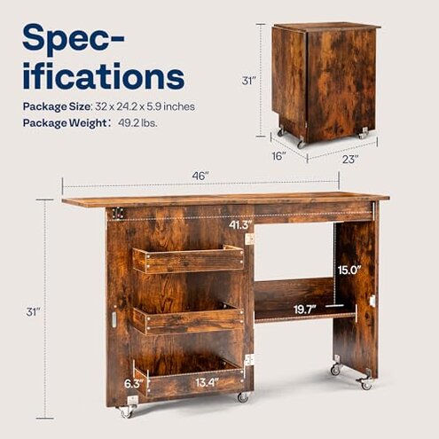 VIVOHOME Folding Sewing Craft Table, Rolling Sewing Machine Desk with Storage Shelves, Sewing Cabinet with Lift for Small Spaces, Rustic Brown