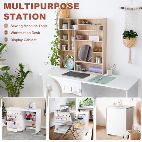 Vividwood Folding Sewing Table, Multipurpose Sewing Machine Table with Compact Design, Wheels, Shelves, Bins, Pegs, Magnetic Locks (Rustic-Brown)