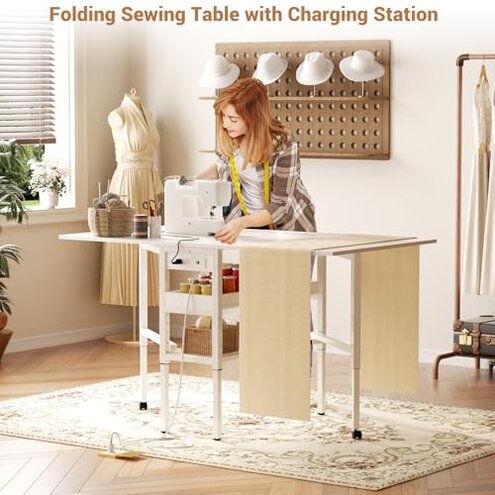 Besiost Folding Sewing Cutting Table with Charging Station, Height Adjustable Craft Table with Storage, 50" Foldable Fabric Cutting Tables for Sewing Room Craft Room, White
