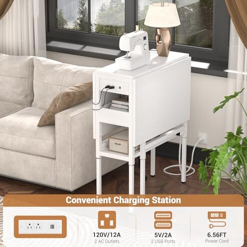 Besiost Folding Sewing Cutting Table with Charging Station, Height Adjustable Craft Table with Storage, 50" Foldable Fabric Cutting Tables for Sewing Room Craft Room, White