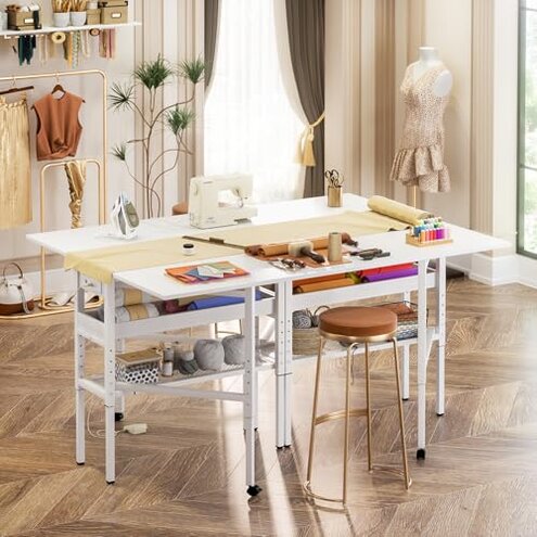 Besiost Folding Sewing Cutting Table with Charging Station, Height Adjustable Craft Table with Storage, 50" Foldable Fabric Cutting Tables for Sewing Room Craft Room, White