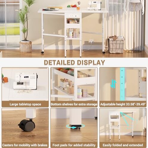 Besiost Folding Sewing Cutting Table with Charging Station, Height Adjustable Craft Table with Storage, 50" Foldable Fabric Cutting Tables for Sewing Room Craft Room, White