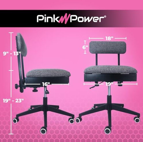 Pink Power Sewing Chair with Wheels and Adjustable Back Support - Hydraulic Armless Machine Chair for Crafting, Quilting, Artists - Sewing Room Furniture - Ergonomically Designed Professional
