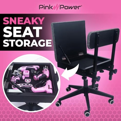 Pink Power Sewing Chair with Wheels and Adjustable Back Support - Hydraulic Armless Machine Chair for Crafting, Quilting, Artists - Sewing Room Furniture - Ergonomically Designed Professional