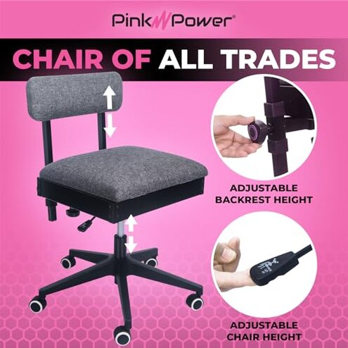 Pink Power Sewing Chair with Wheels and Adjustable Back Support - Hydraulic Armless Machine Chair for Crafting, Quilting, Artists - Sewing Room Furniture - Ergonomically Designed Professional