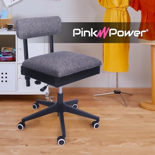 Pink Power Sewing Chair with Wheels and Adjustable Back Support - Hydraulic Armless Machine Chair for Crafting, Quilting, Artists - Sewing Room Furniture - Ergonomically Designed Professional
