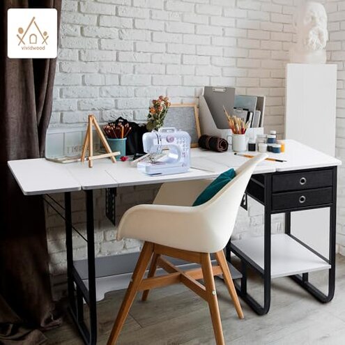 Vividwood Portable Folding Sewing Table, Multipurpose Sewing Machine Table with Adjustable Shelf (Warm White)