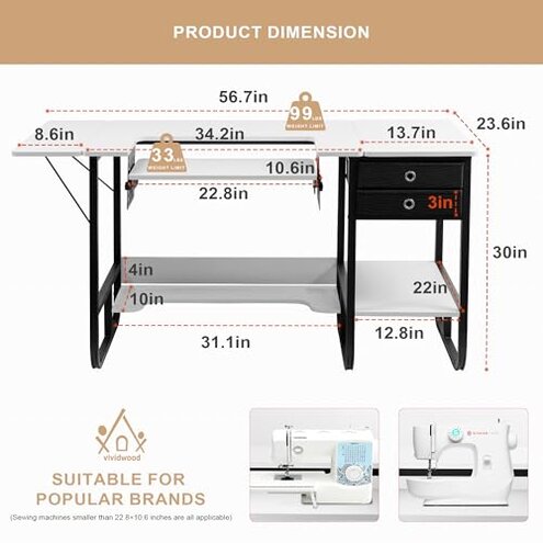 Vividwood Portable Folding Sewing Table, Multipurpose Sewing Machine Table with Adjustable Shelf (Warm White)