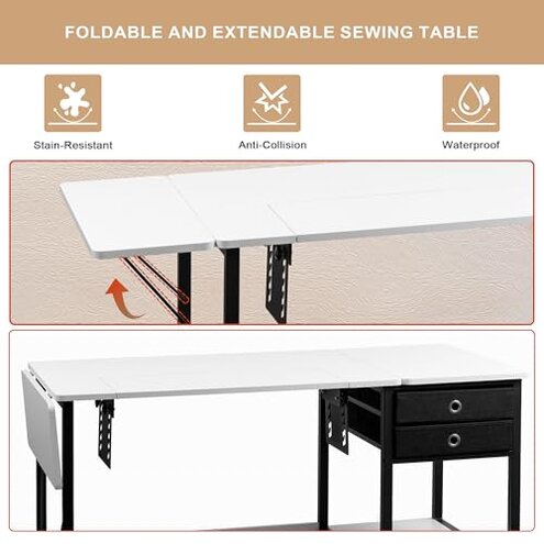 Vividwood Portable Folding Sewing Table, Multipurpose Sewing Machine Table with Adjustable Shelf (Warm White)