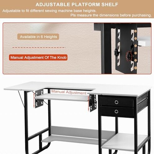 Vividwood Portable Folding Sewing Table, Multipurpose Sewing Machine Table with Adjustable Shelf (Warm White)