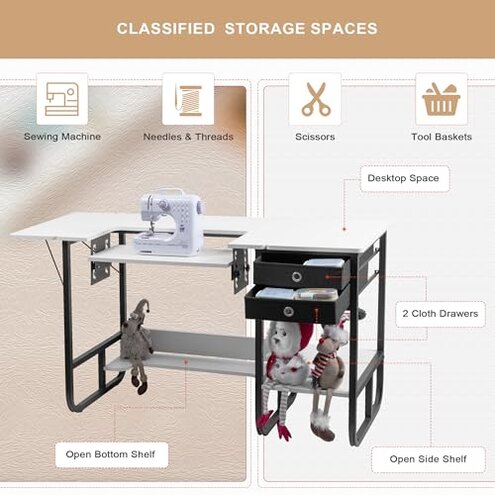 Vividwood Portable Folding Sewing Table, Multipurpose Sewing Machine Table with Adjustable Shelf (Warm White)
