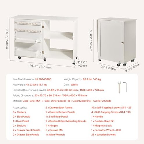 VEVOR Folding Sewing Table, Multipurpose Sewing Machine Table with Compact Design, Wheels, Shelves, Storage Trays, Wooden Pegs, and Magnetic Doors, Sewing Desk Cabinet for Sewing Machine, White
