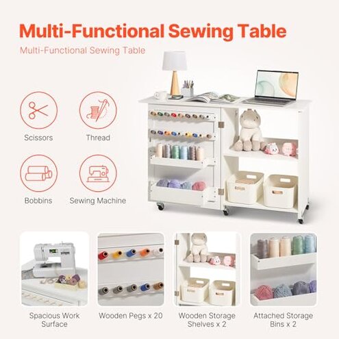 VEVOR Folding Sewing Table, Multipurpose Sewing Machine Table with Compact Design, Wheels, Shelves, Storage Trays, Wooden Pegs, and Magnetic Doors, Sewing Desk Cabinet for Sewing Machine, White