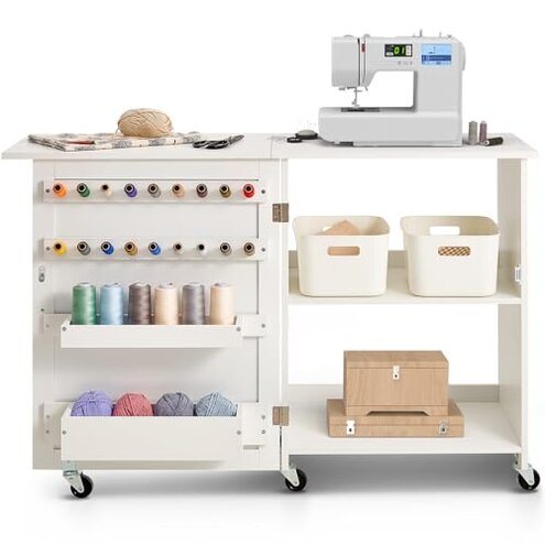 VEVOR Folding Sewing Table, Multipurpose Sewing Machine Table with Compact Design, Wheels, Shelves, Storage Trays, Wooden Pegs, and Magnetic Doors, Sewing Desk Cabinet for Sewing Machine, White