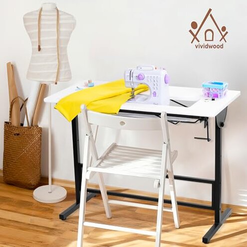 Vividwood Folding Sewing Table, Multipurpose Sewing Machine Table with Adjustable Shelf, Measuring Scale Marks (Warm White)