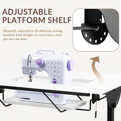 Vividwood Folding Sewing Table, Multipurpose Sewing Machine Table with Adjustable Shelf, Measuring Scale Marks (Warm White)
