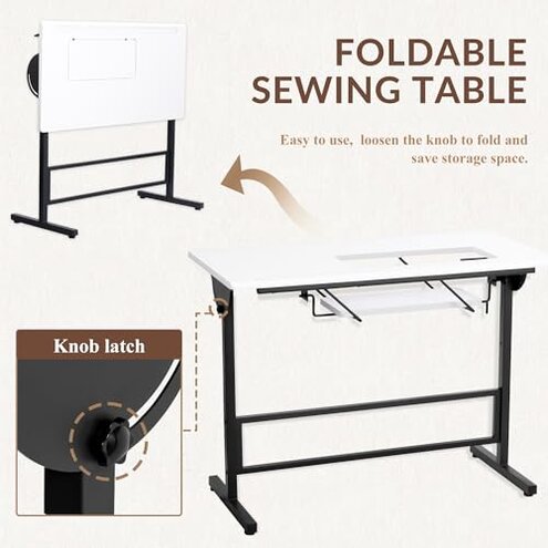 Vividwood Folding Sewing Table, Multipurpose Sewing Machine Table with Adjustable Shelf, Measuring Scale Marks (Warm White)
