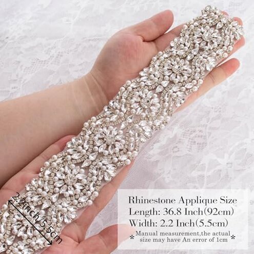 ShiDianYi Wedding Dress Belt - Silver Sparkly Sash with Rhinestones, Beads & Pearl Trim - 1 Yard Long
