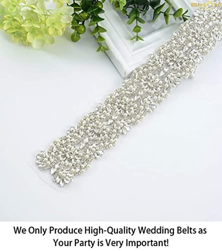 ShiDianYi Wedding Dress Belt - Silver Sparkly Sash with Rhinestones, Beads & Pearl Trim - 1 Yard Long