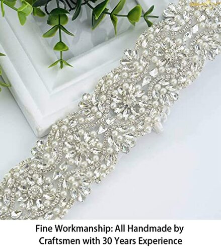 ShiDianYi Wedding Dress Belt - Silver Sparkly Sash with Rhinestones, Beads & Pearl Trim - 1 Yard Long