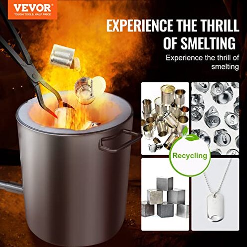 VEVOR 6KG Propane Melting Furnace Kit, Large Capacity Foundry Home Kilns, Blacksmithing Forge with Crucible & Tongs Kiln, Stainless Steel, for Metal Scrap Recycle, Gold Copper Silver Casting