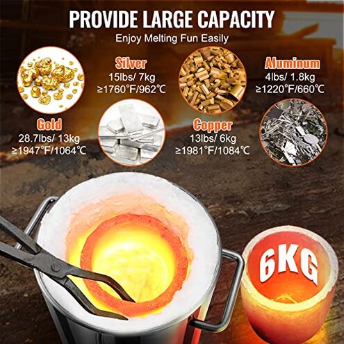 VEVOR 6KG Propane Melting Furnace Kit, Large Capacity Foundry Home Kilns, Blacksmithing Forge with Crucible & Tongs Kiln, Stainless Steel, for Metal Scrap Recycle, Gold Copper Silver Casting
