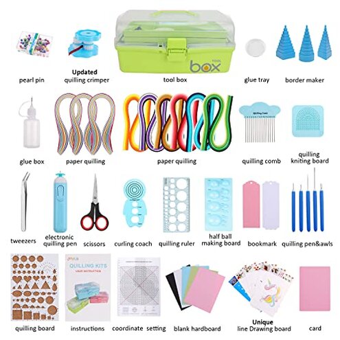 JoyPlus Quilling Kits for Beginners with Manual, 24 Tools & Supplies with Durable Storage Box, Updated Paper Crimper Tool, Premium Husking Board & Electronic Pen Green