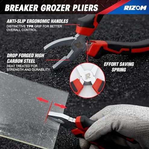 Rizom Glass Cutting Tool, Glass Cutter 2-20MM, 8" Tile Nippers, 8" Glass Running Pliers with Curved Jaws, 6" Breaker Grozer Pliers, Glass Cutter Kit for Stained Glass, Tiles, Mosaic Cutting