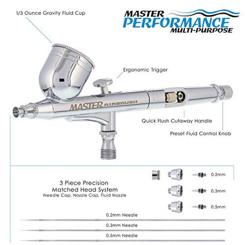 Master Airbrush G233 Performance Pro Airbrush Kit with 3 Nozzle Sets (0.2, 0.3 & 0.5mm Needles, Fluid Tips & Air Caps), Gravity Dual Action - Air Brush Guns for Painting, Aerografo Body Art & Cake