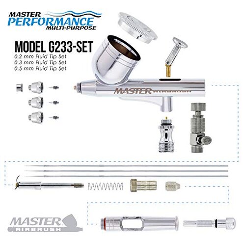 Master Airbrush G233 Performance Pro Airbrush Kit with 3 Nozzle Sets (0.2, 0.3 & 0.5mm Needles, Fluid Tips & Air Caps), Gravity Dual Action - Air Brush Guns for Painting, Aerografo Body Art & Cake